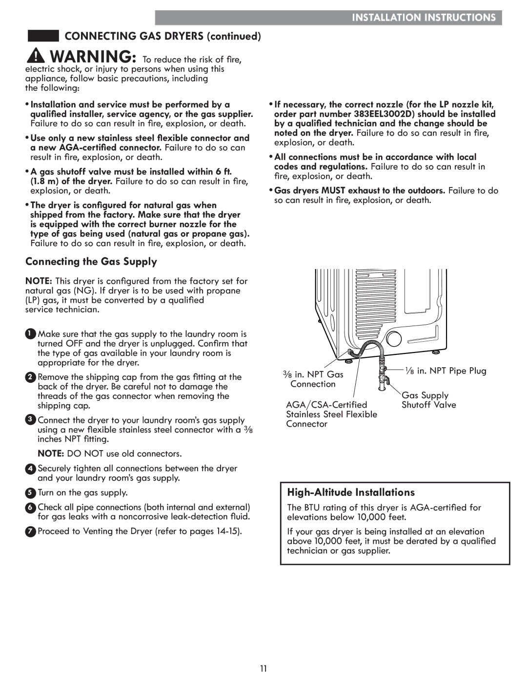 Kenmore 796.8172 Connecting the Gas Supply, High-Altitude Installations, Gas shutoff valve must be installed within 6 ft 