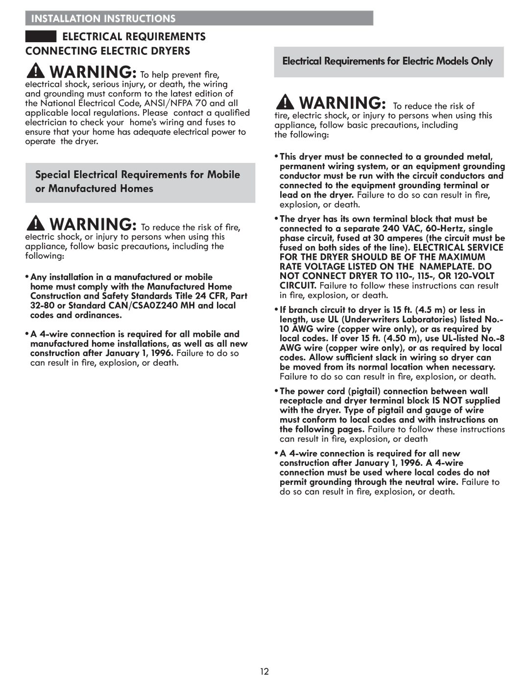 Kenmore 796.8172 Electrical Requirements for Electric Models Only, Electrical Requirements Connecting Electric Dryers 