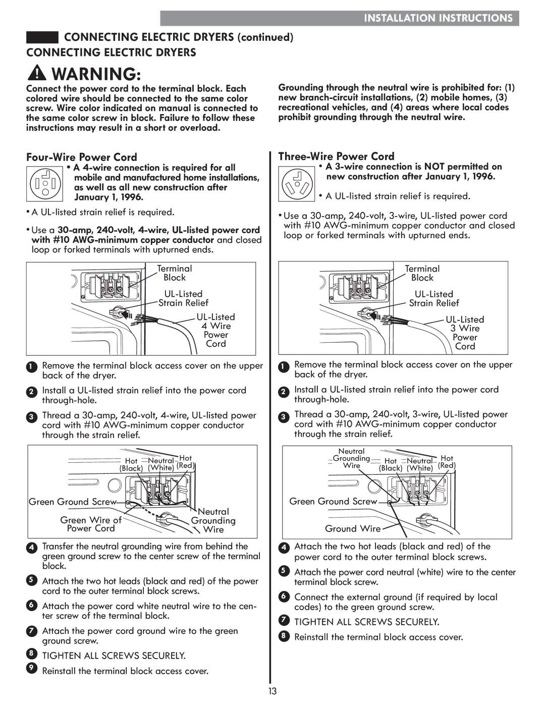 Kenmore 796.8172 manual Connecting Electric Dryers, Four-Wire Power Cord, Three-Wire Power Cord 