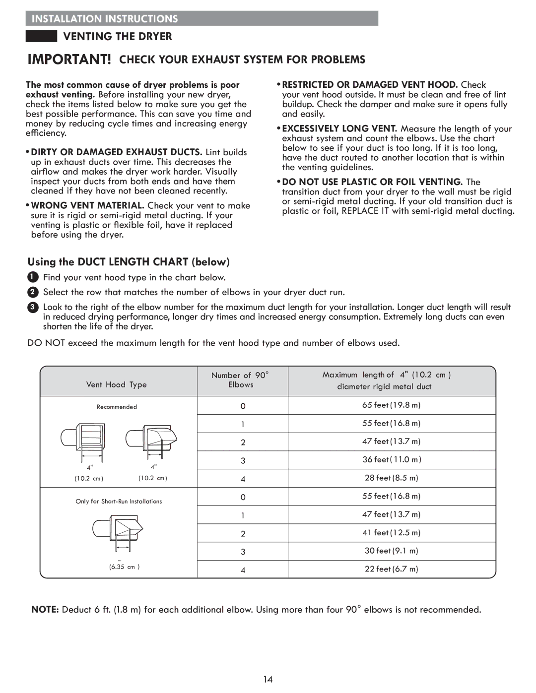 Kenmore 796.8172 manual Using the Duct Length Chart below 