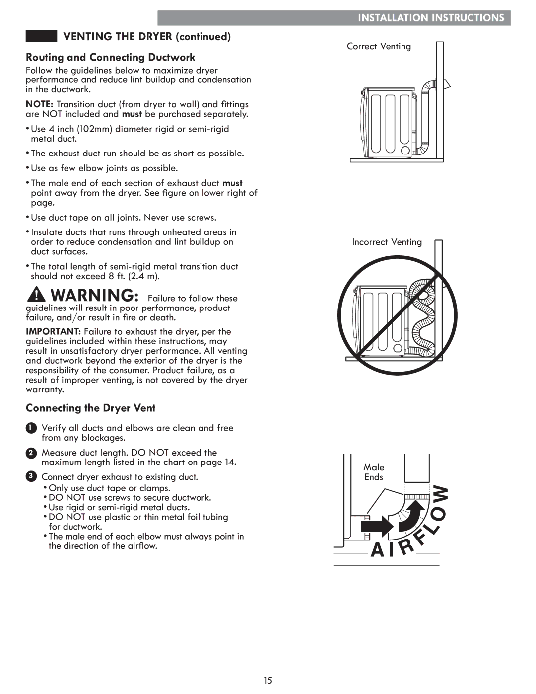 Kenmore 796.8172 manual Venting the Dryer, Routing and Connecting Ductwork, Connecting the Dryer Vent, Correct Venting 