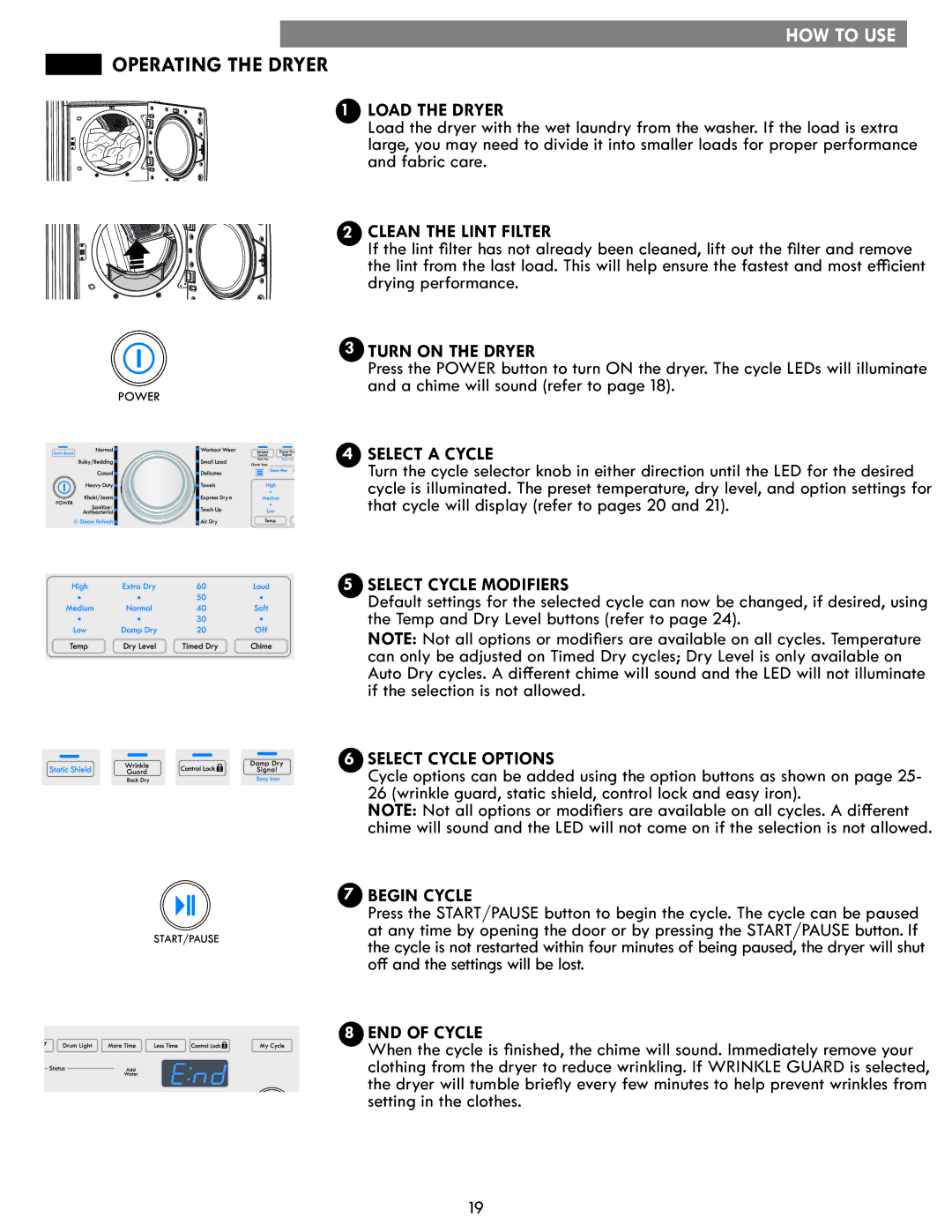 Kenmore 796.8172 manual Operating the Dryer 