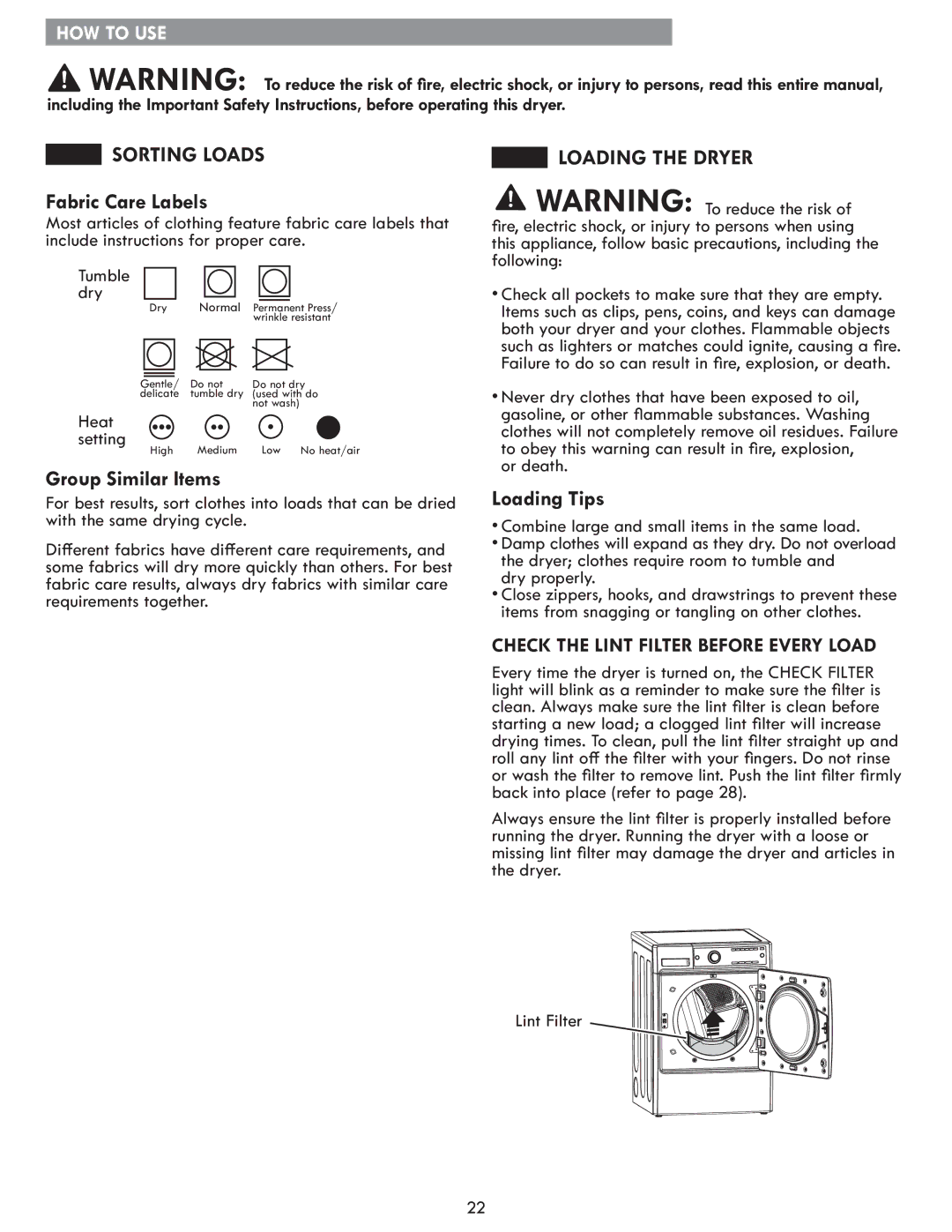 Kenmore 796.8172 manual Sorting Loads, Fabric Care Labels, Group Similar Items, Loading the Dryer, Loading Tips 