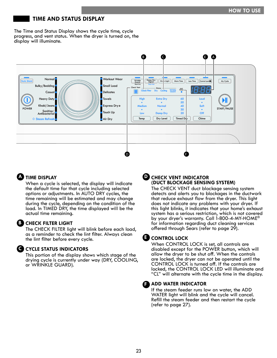 Kenmore 796.8172 manual Time and Status Display 