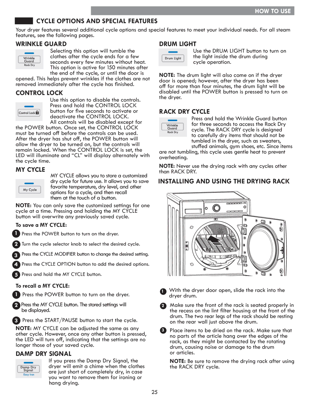 Kenmore 796.8172 manual Cycle Options and Special Features, To save a MY Cycle, To recall a MY Cycle, Or articles 