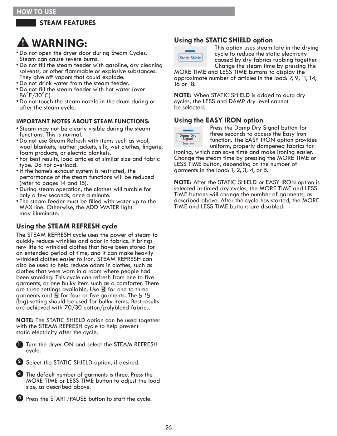 Kenmore 796.8172 Steam Features, Using the Steam Refresh cycle, Using the Static Shield option, Using the Easy Iron option 