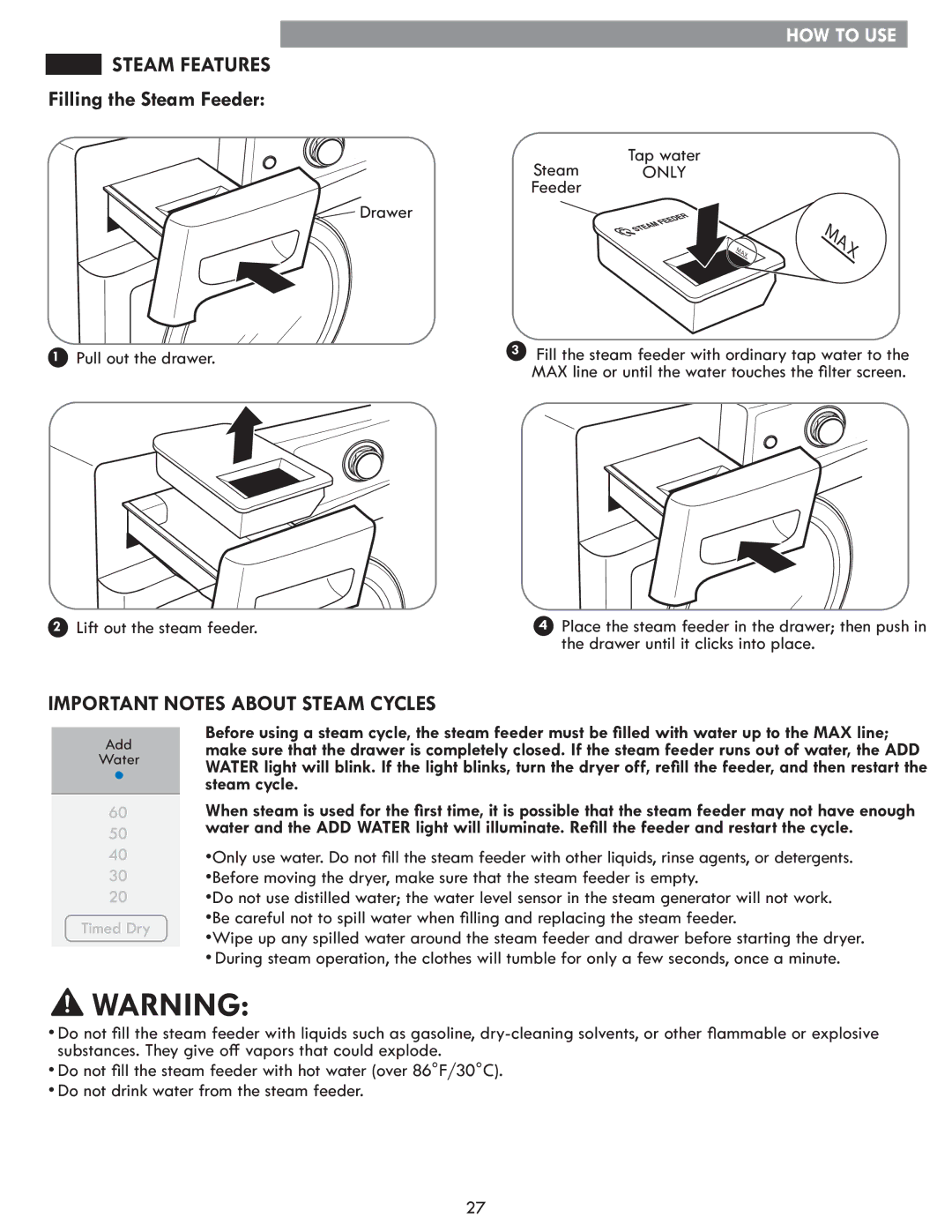 Kenmore 796.8172 manual Filling the Steam Feeder, Tap water, Drawer, Pull out the drawer 