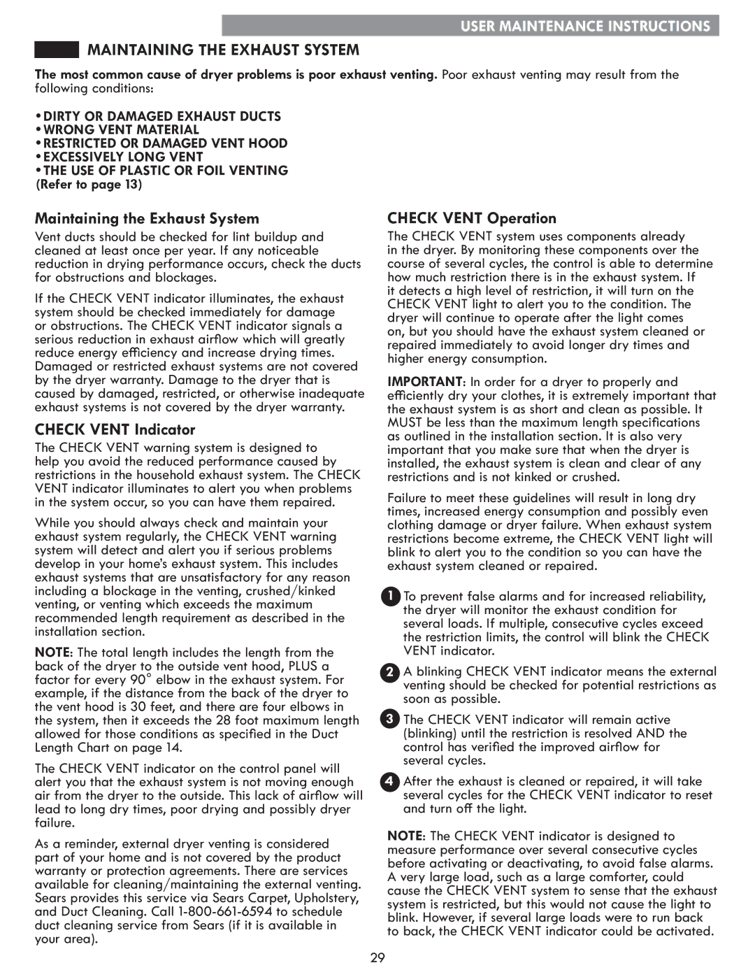 Kenmore 796.8172 manual Maintaining the Exhaust System, Check Vent Indicator, Check Vent Operation 