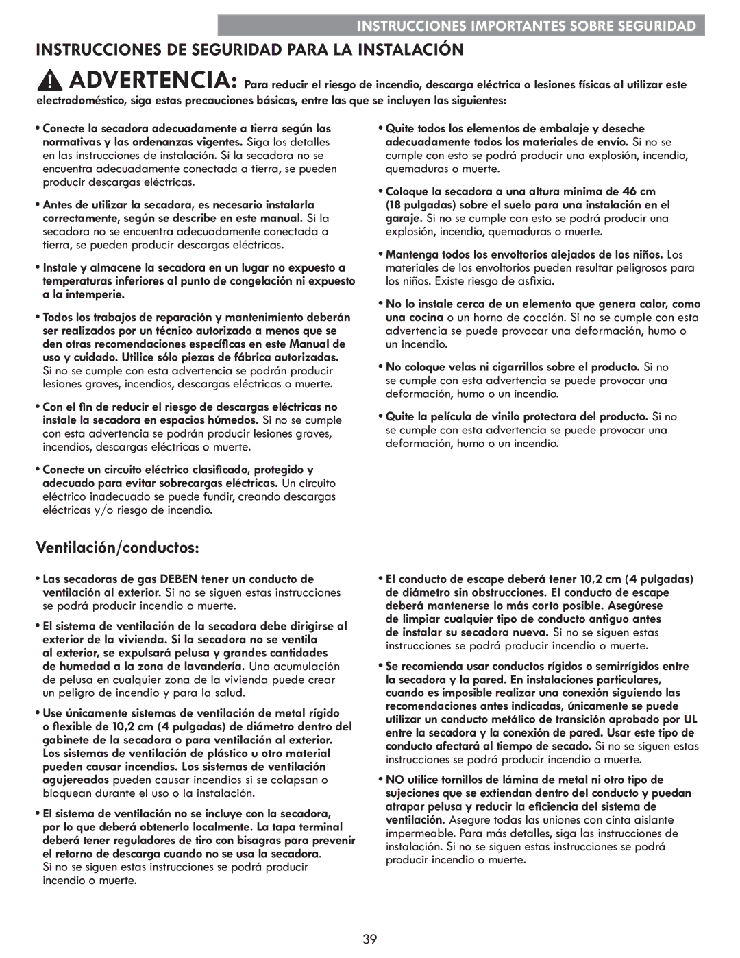 Kenmore 796.8172 manual Instrucciones DE Seguridad Para LA Instalación, Coloque la secadora a una altura mínima de 46 cm 