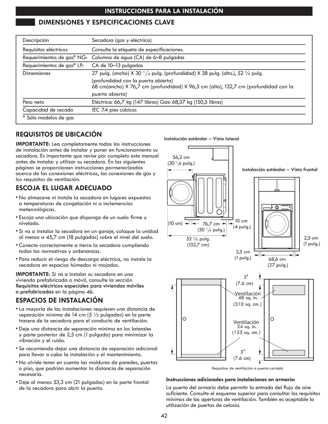 Kenmore 796.8172 manual Dimensiones Y Especificaciones Clave, Requisitos DE Ubicación, Escoja EL Lugar Adecuado 