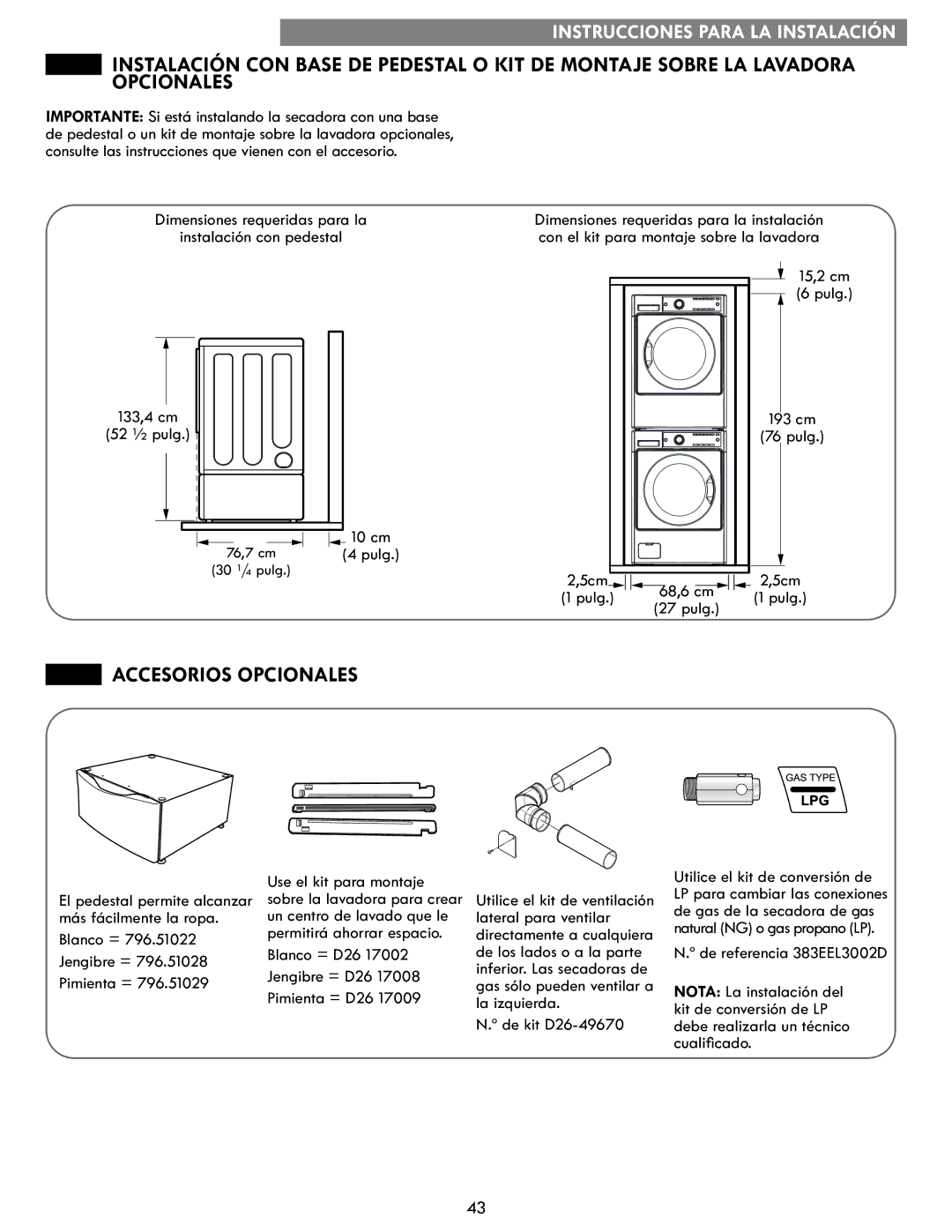 Kenmore 796.8172 manual Accesorios Opcionales 