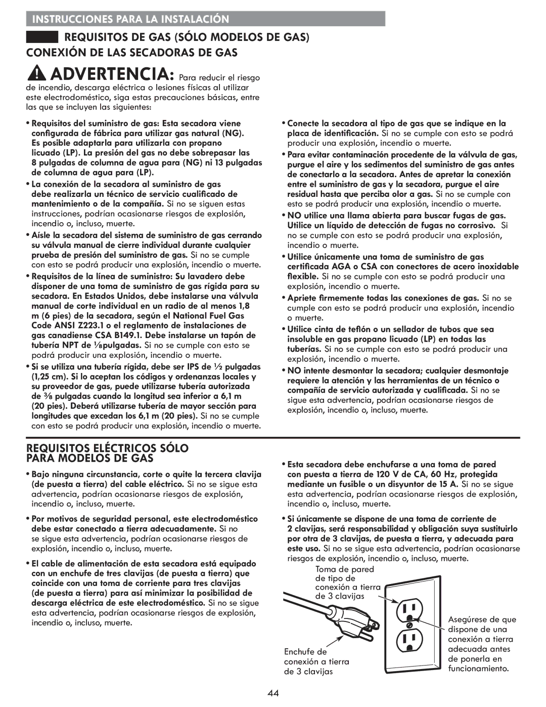 Kenmore 796.8172 manual Requisitos Eléctricos Sólo Para Modelos DE GAS, Incendio o, incluso, muerte 