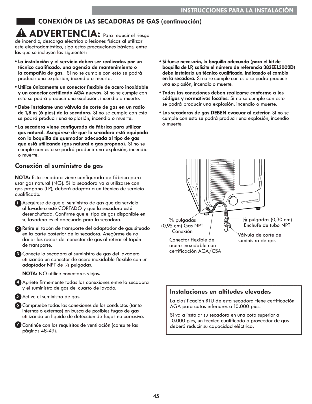 Kenmore 796.8172 manual Conexión DE LAS Secadoras DE GAS continuación, Conexión al suministro de gas 