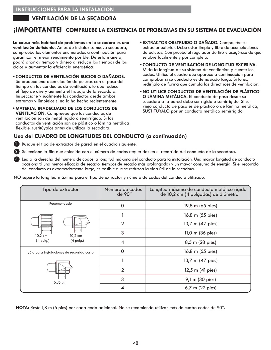 Kenmore 796.8172 manual Ventilación DE LA Secadora, Uso del Cuadro DE Longitudes DEL Conducto a continuación 