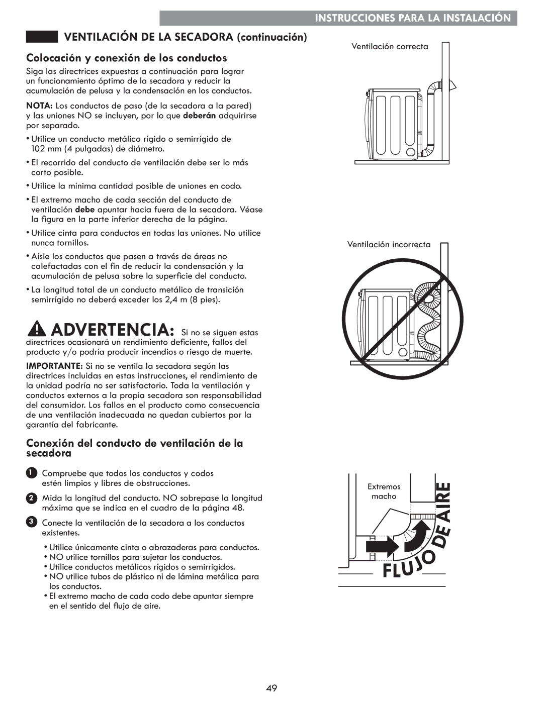 Kenmore 796.8172 manual Colocación y conexión de los conductos, Conexión del conducto de ventilación de la secadora 