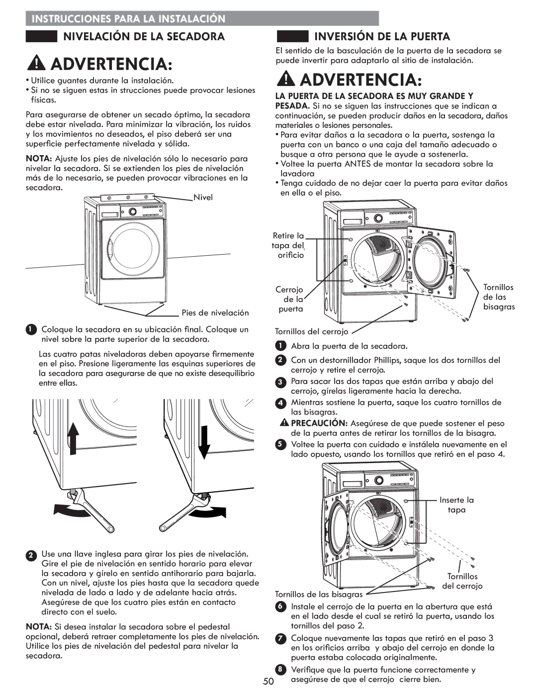 Kenmore 796.8172 manual Nivelación DE LA Secadora, Inversión DE LA Puerta, Orificio 