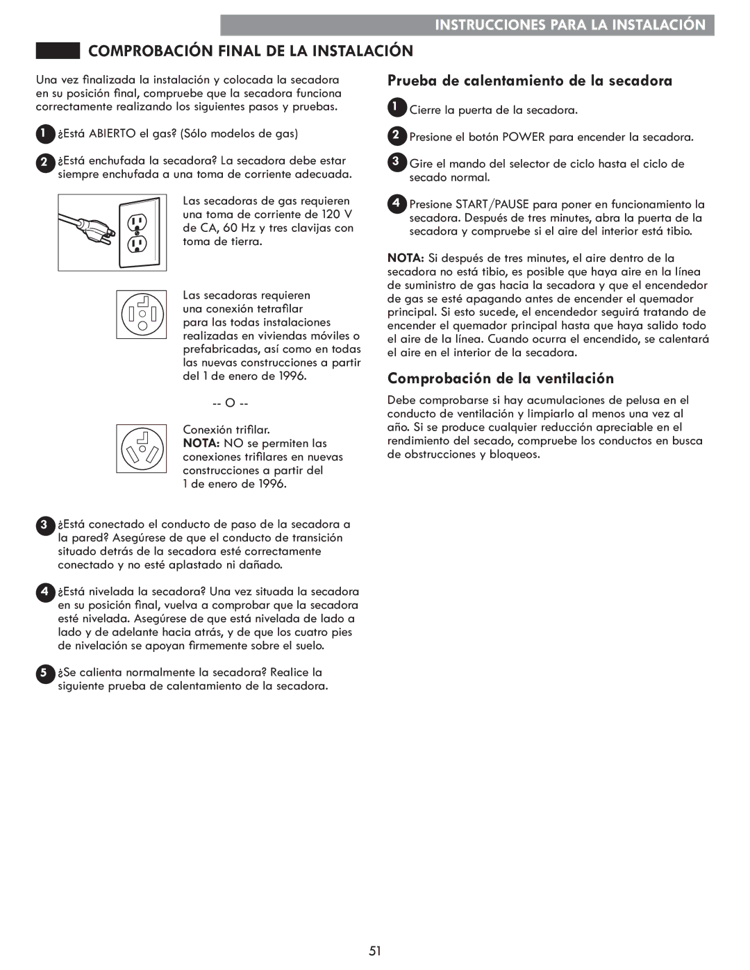 Kenmore 796.8172 manual Comprobación Final DE LA Instalación, Prueba de calentamiento de la secadora 