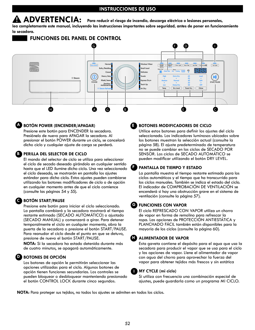 Kenmore 796.8172 manual Funciones DEL Panel DE Control 