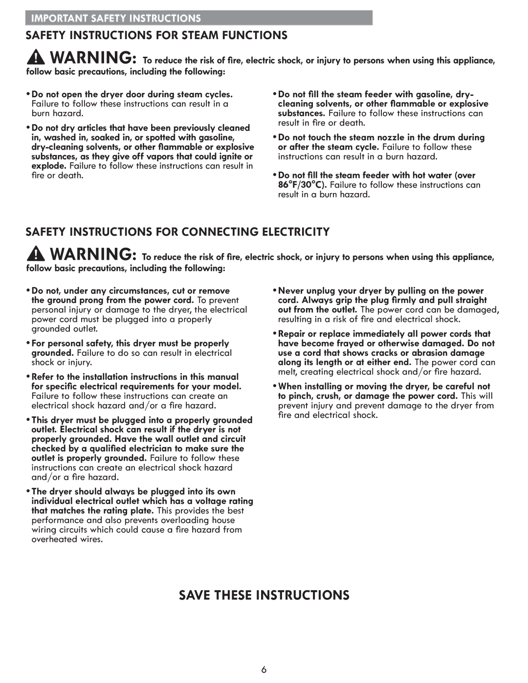 Kenmore 796.8172 manual Safety Instructions for Steam Functions 