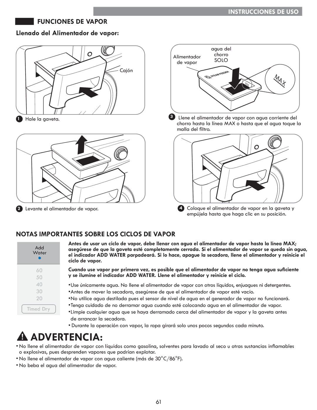 Kenmore 796.8172 manual Llenado del Alimentador de vapor, Cajón Hale la gaveta Levante el alimentador de vapor 