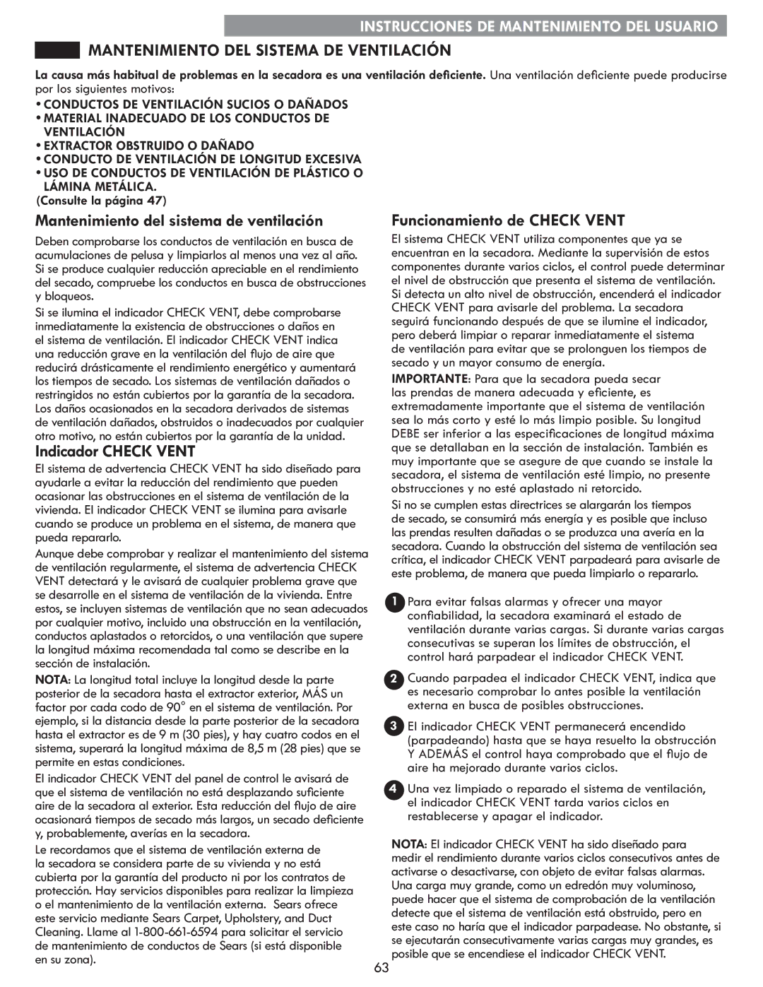 Kenmore 796.8172 Mantenimiento DEL Sistema DE Ventilación, Mantenimiento del sistema de ventilación, Indicador Check Vent 