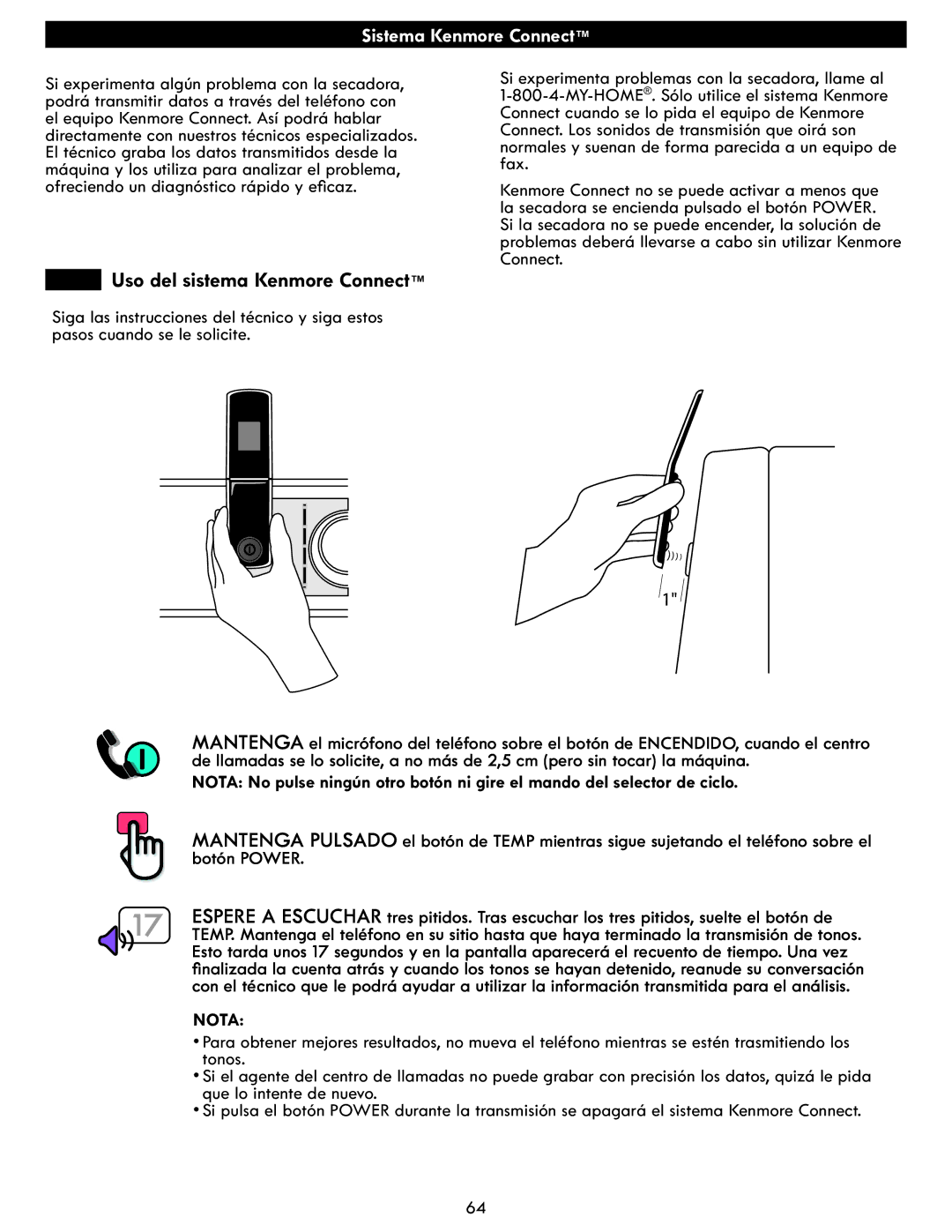 Kenmore 796.8172 manual Uso del sistema Kenmore Connect, Nota 