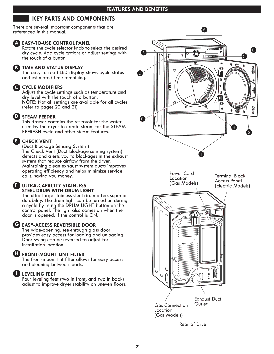 Kenmore 796.8172 manual KEY Parts and Components 