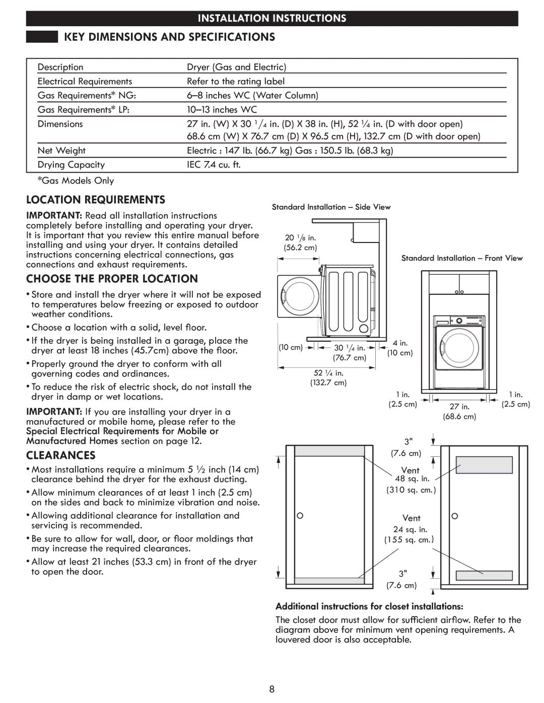 Kenmore 796.8172 manual KEY Dimensions and Specifications, Location Requirements, Choose the Proper Location, Clearances 