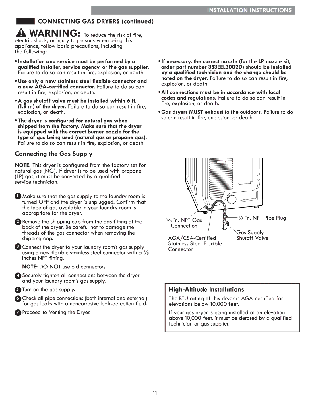 Kenmore 796. 8147# Connecting the Gas Supply, High-Altitude Installations, Gas shutoff valve must be installed within 6 ft 