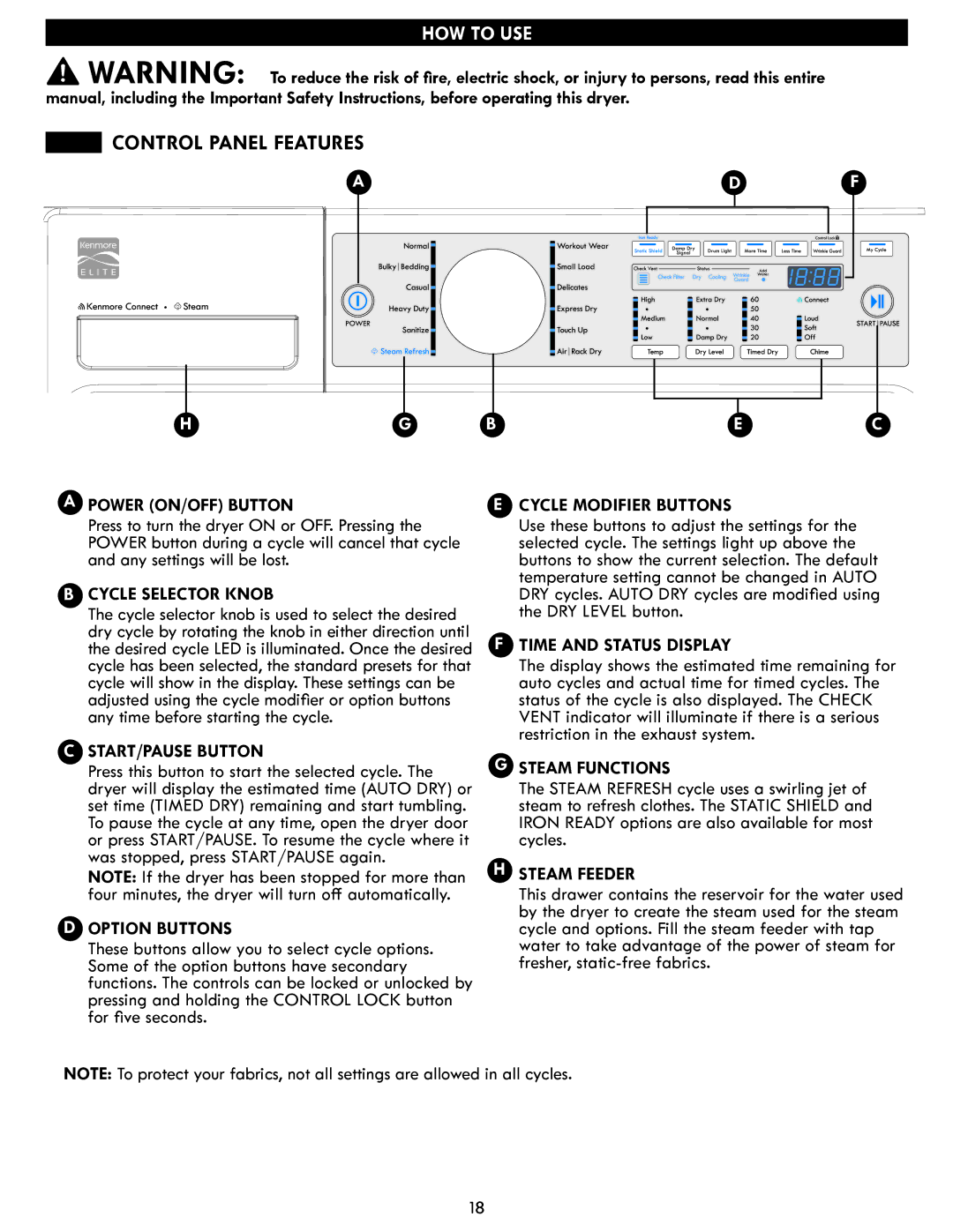 Kenmore 796.9147#, 796. 8147# manual Control Panel Features 