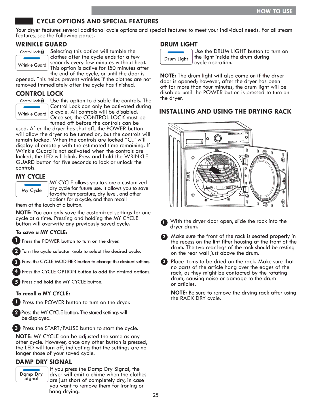 Kenmore 796. 8147#, 796.9147# manual Cycle Options and Special Features, To save a MY Cycle, To recall a MY Cycle 