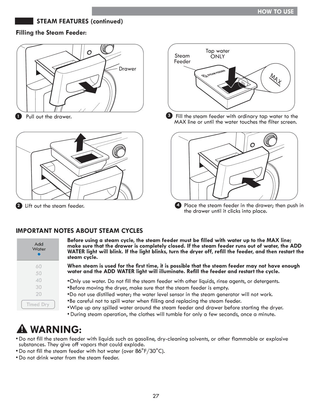 Kenmore 796. 8147# manual Steam Features, Filling the Steam Feeder, Drawer Pull out the drawer Lift out the steam feeder 