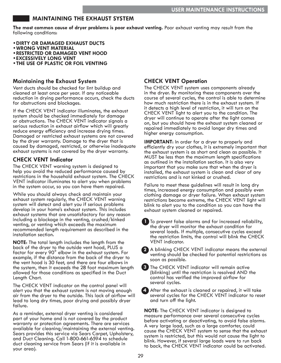 Kenmore 796. 8147#, 796.9147# manual Maintaining the Exhaust System, Check Vent Indicator, Check Vent Operation 