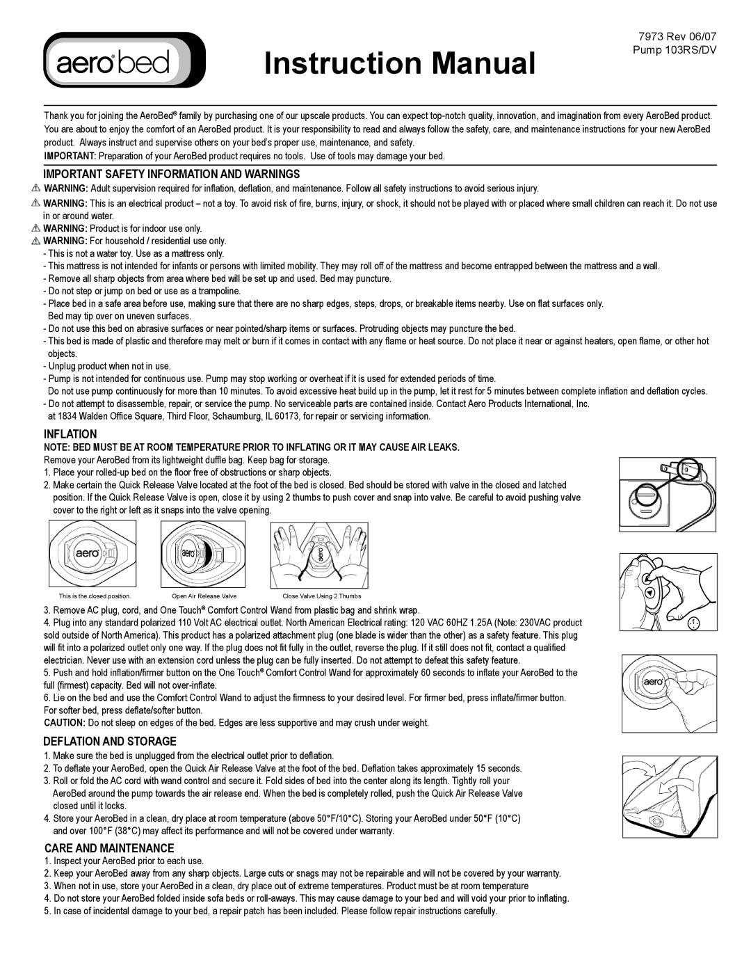 Kenmore 7973 REV 06/07 instruction manual Important Safety Information and Warnings, Inflation, Deflation and Storage 