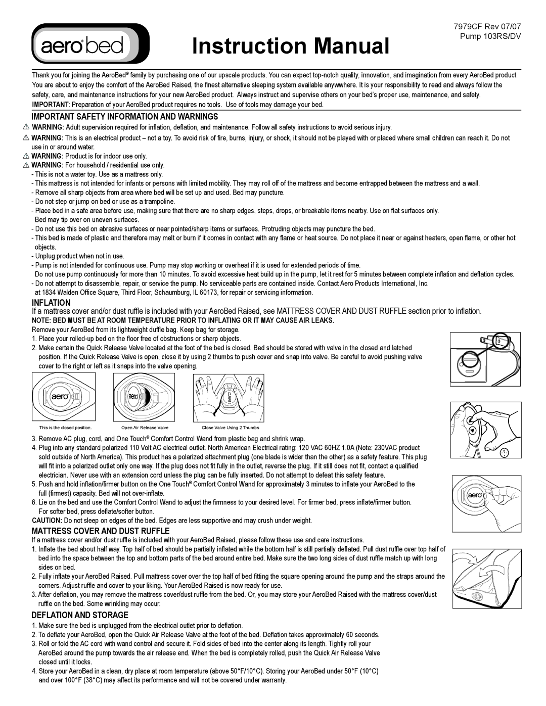 Kenmore 7979CF instruction manual Important Safety Information and Warnings, Inflation, Mattress Cover and Dust Ruffle 