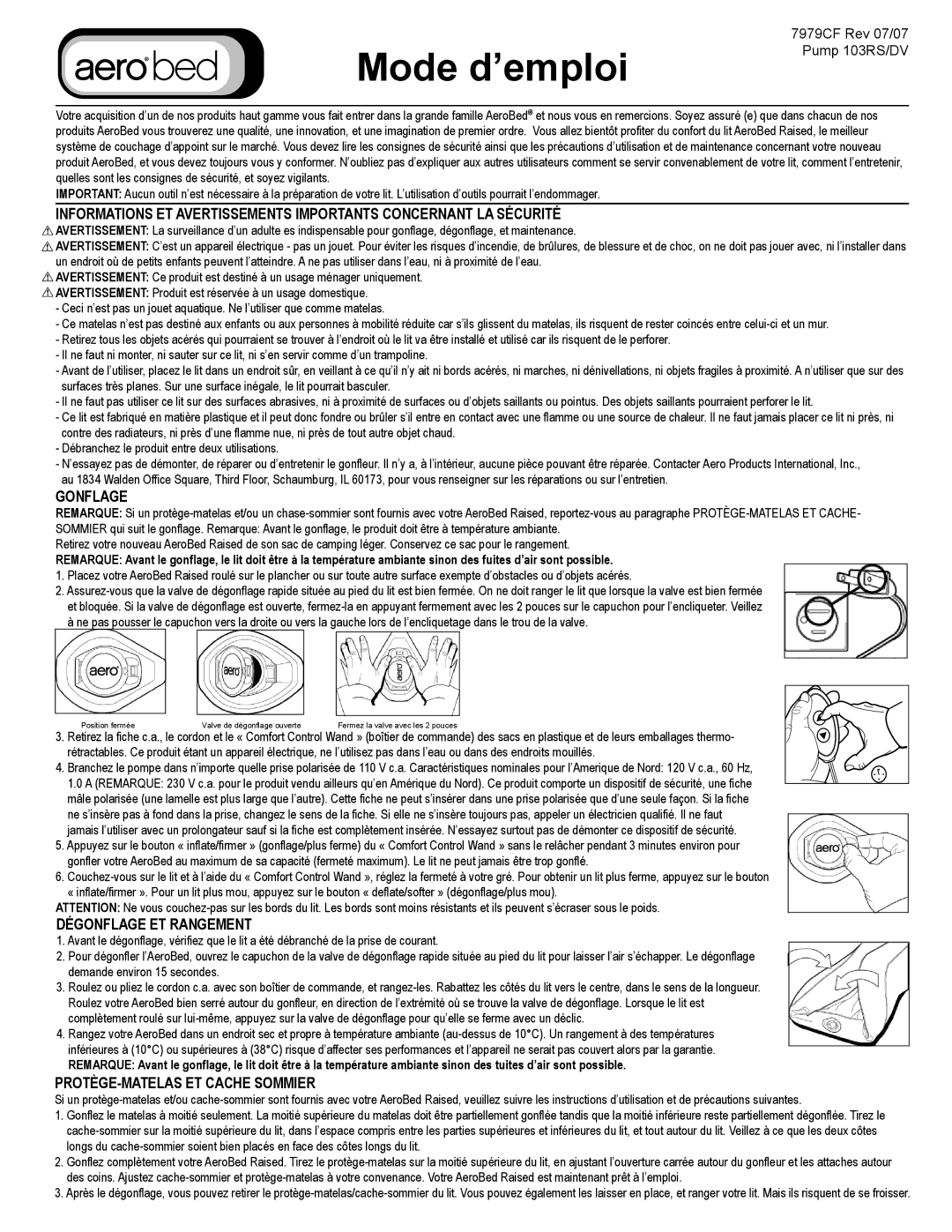 Kenmore 7979CF instruction manual Gonflage, Dégonflage ET Rangement, PROTÈGE-MATELAS ET Cache Sommier 