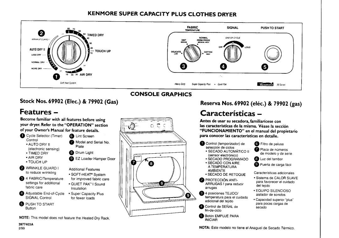 Kenmore 69902, 79902 owner manual Caracteristicas, Features, Kenmore Super Capacity Plus Clothes Dryer, Touchup 