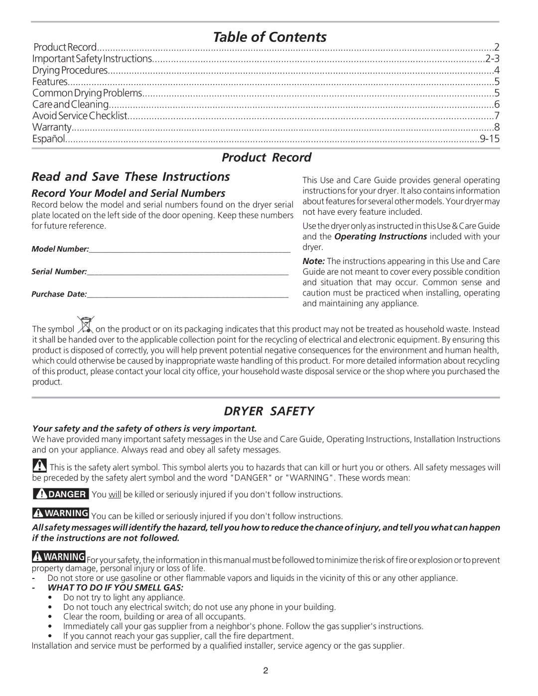 Kenmore 80412 manual Table of Contents 