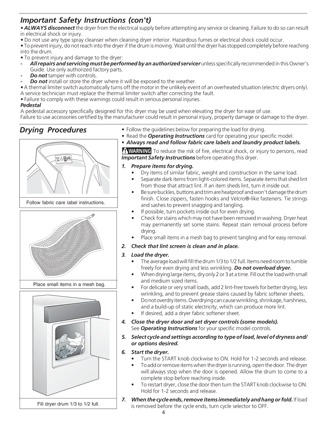 Kenmore 80412 manual Drying Procedures, Pedestal, Prepare items for drying 