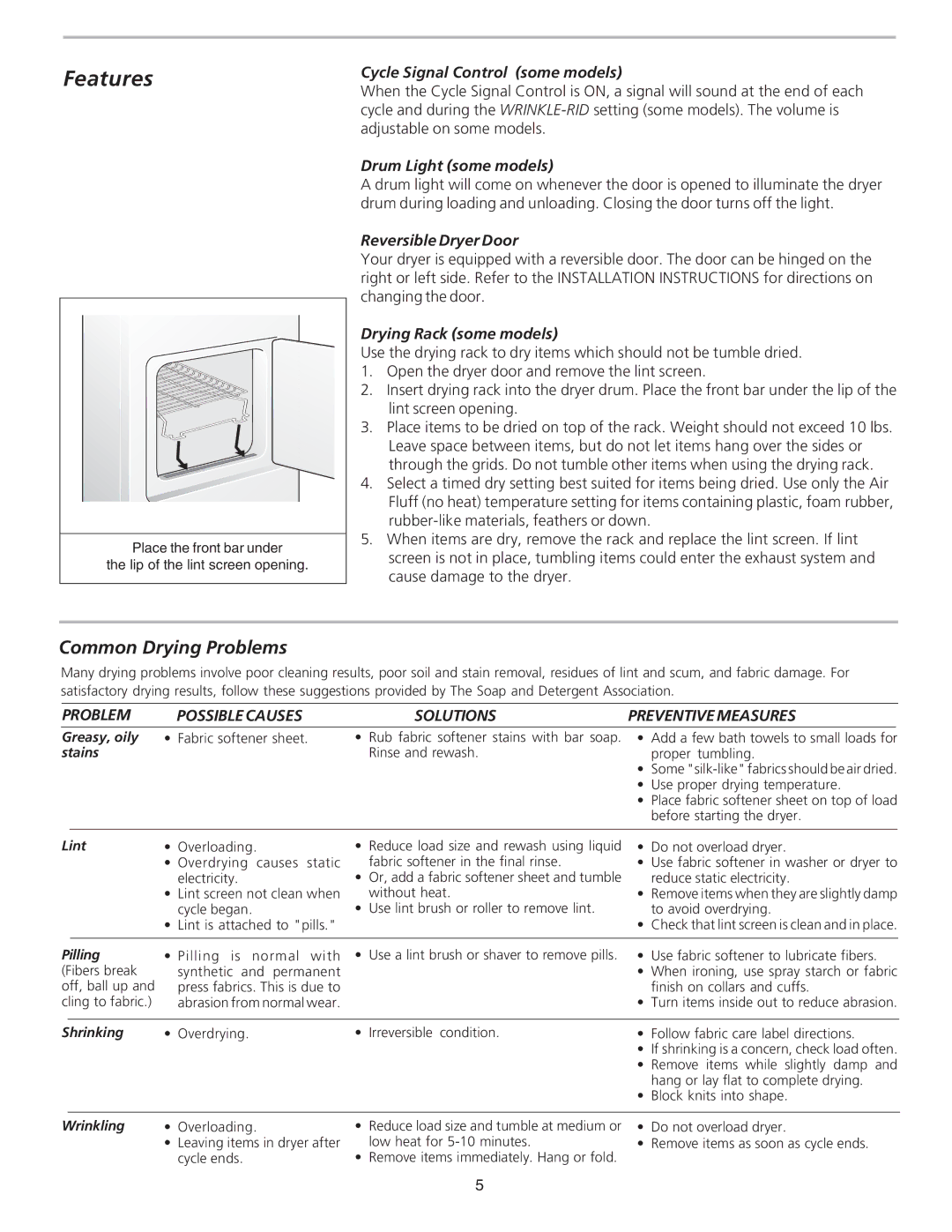 Kenmore 80412 manual Features, Common Drying Problems, Problem Possible Causes Solutions 