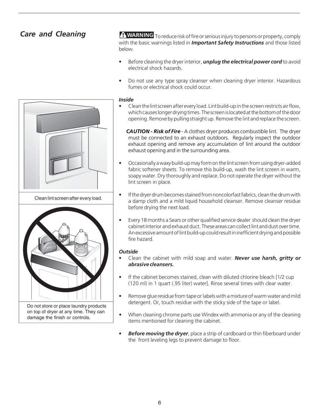 Kenmore 80412 manual Care and Cleaning, Inside, Outside 