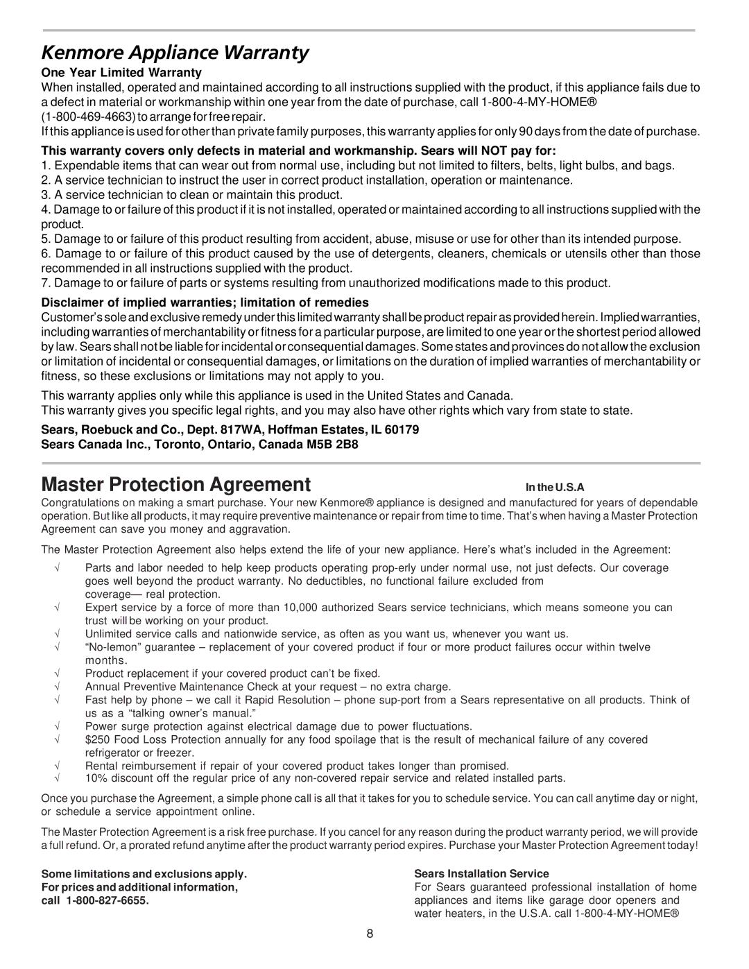 Kenmore 80412 manual Kenmore Appliance Warranty, Master Protection Agreement 