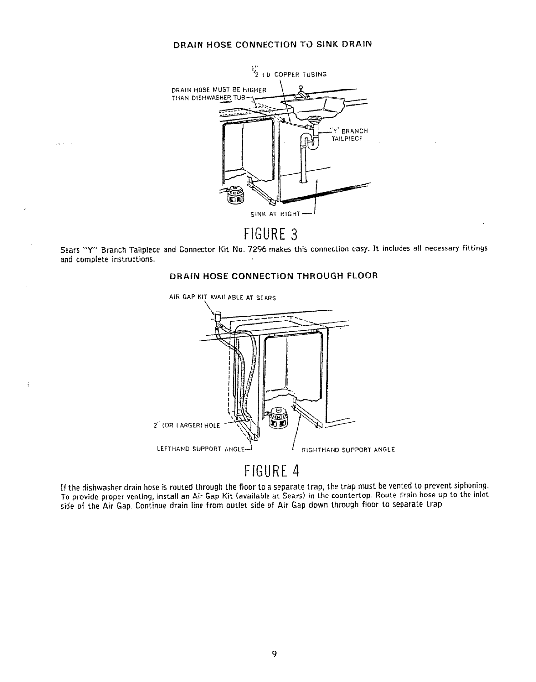 Kenmore 808353 manual Drain Hoseconnectionto Sink Drain, Drain Hose Connection Through Floor 