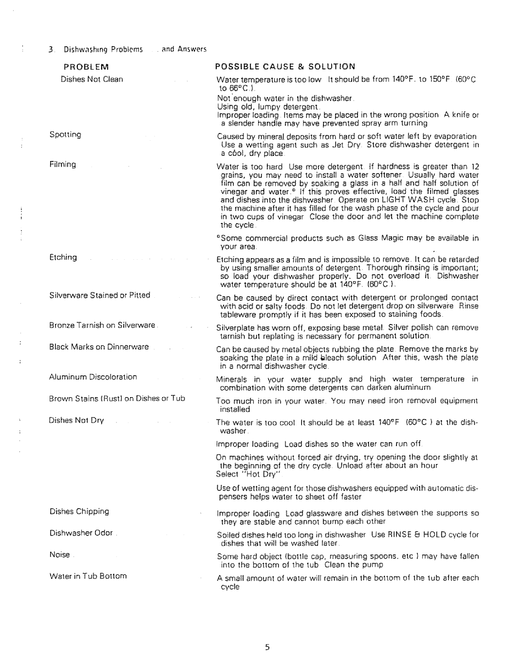 Kenmore 808353 manual Filming, Bronze Tarnish on Silverware, Black Marks on Dinnerware, Possible Cause & Solution 