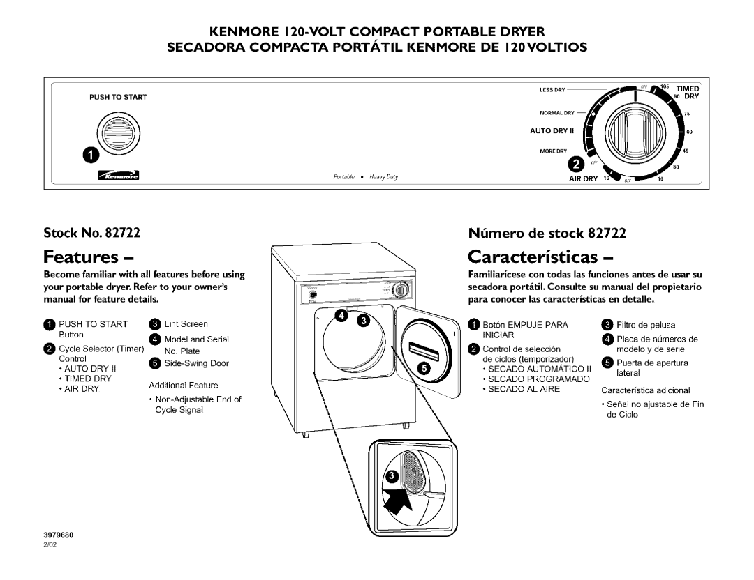 Kenmore 82722 owner manual Features, Caracteristicas 