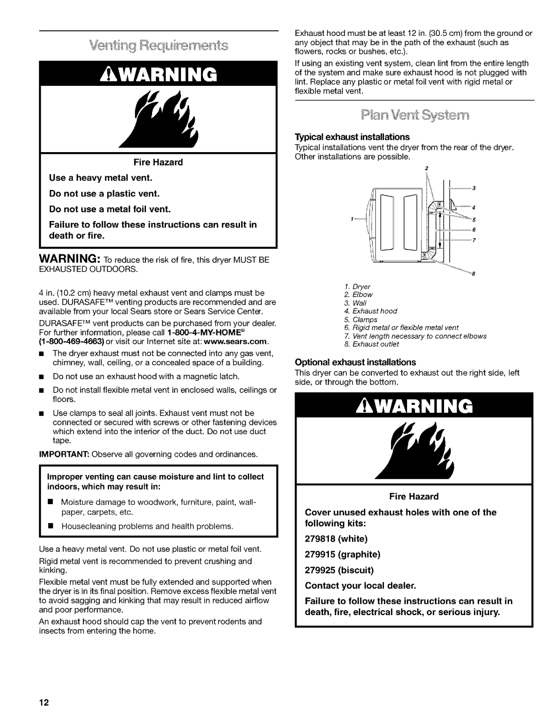 Kenmore 8519319A manual Typical exhaust installations, Optional exhaust installations 