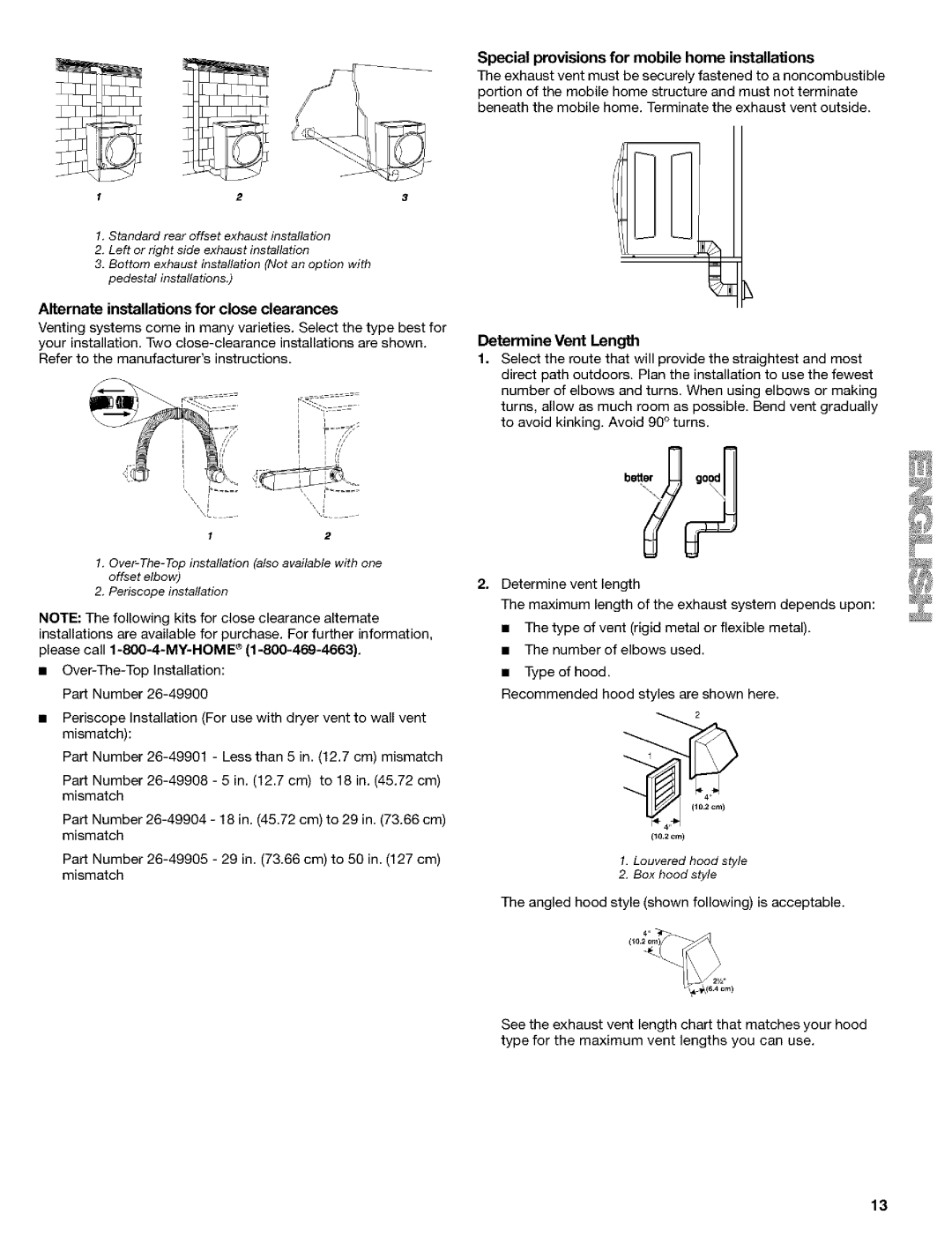 Kenmore 8519319A manual Special provisions for mobile home installations, Alternate installations for close clearances 