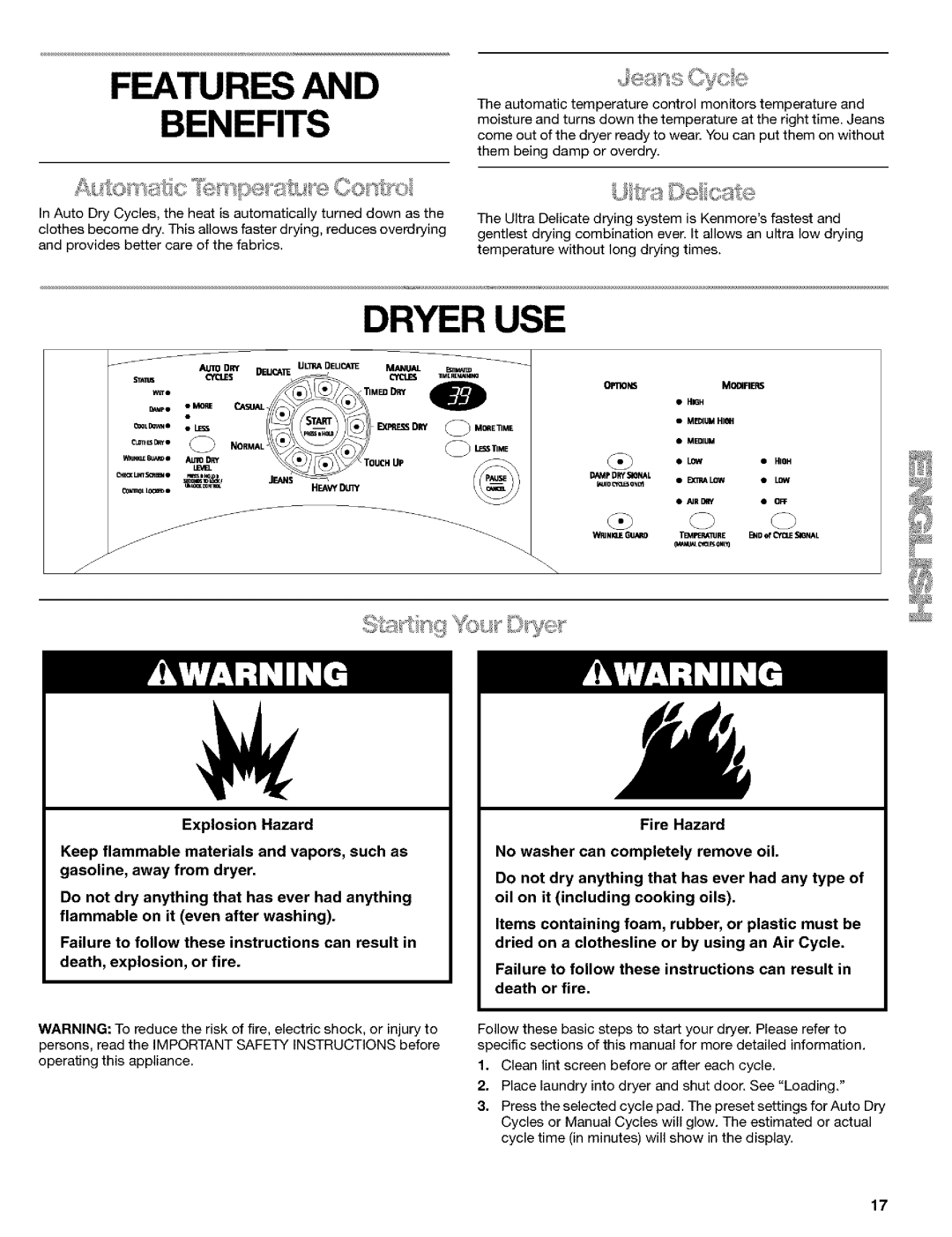 Kenmore 8519319A manual Features Benefits, Dryer USE 