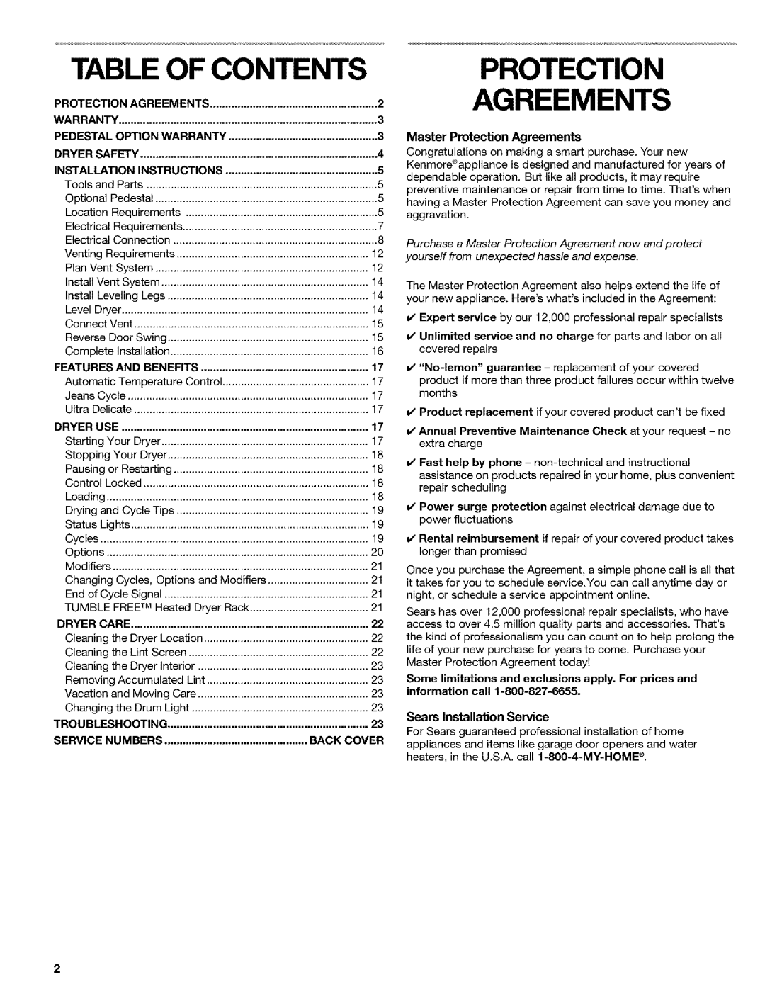 Kenmore 8519319A manual Table of Contents, Protection Agreements 