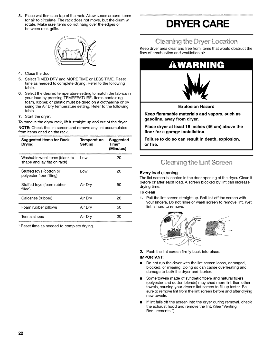 Kenmore 8519319A manual Dryer Care, Items for Rack Temperature, Drying Setting Time Minutes, Every load cleaning, To clean 